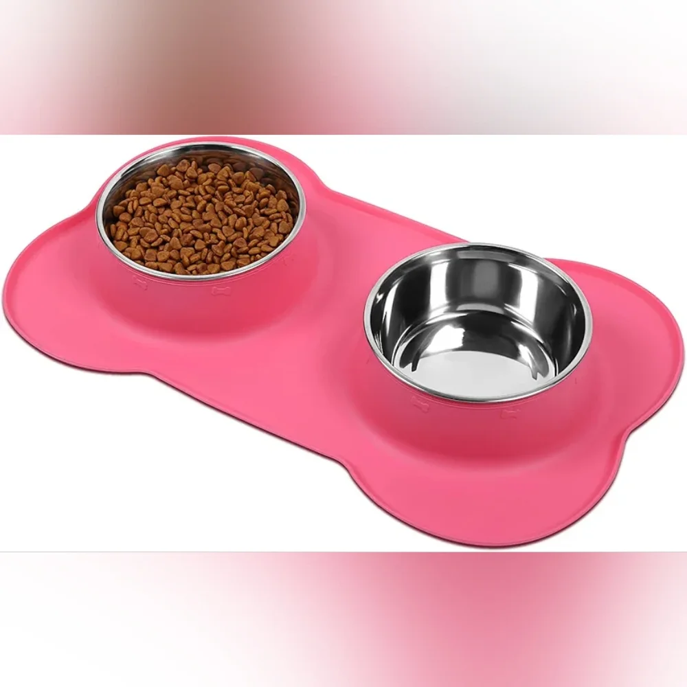 VAGLORY Pink No Mess Silicone Bone Mat & Stainless Steel Dog Food Bowls